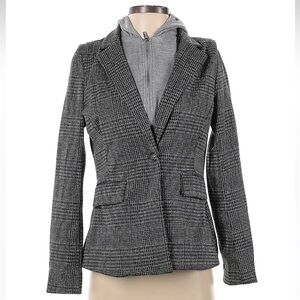 One by Chapter One Gray Houndstooth Plaid Blazer with Layered Attached Hoodie XS